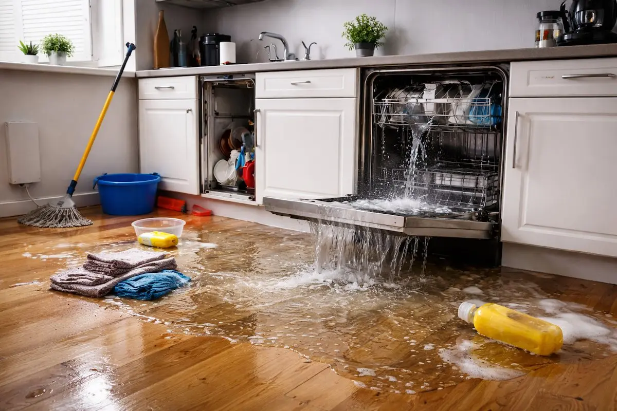 Leaky dishwasher flooding kitchen